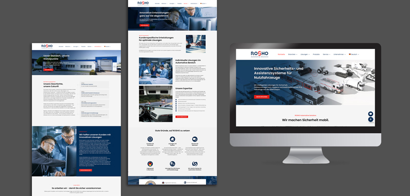 Visualisierung des Webdesigns und der Web-Entwicklung eines Projekts der Digitalagentur übereck GmbH für im B2B Automotive-Sektor für die ROSHO Automotive Solutions GmbH.
