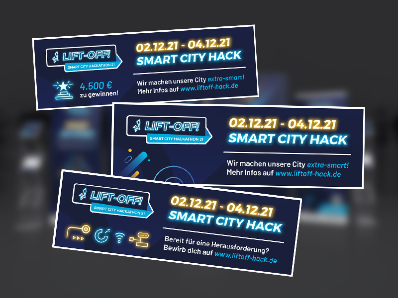 Grafikdesign für digitale E-Mail Signaturbanner für das Smart City Hackathon Event Lift-Off! in Garbsen, gestaltet von der Digitalagentur übereck GmbH.