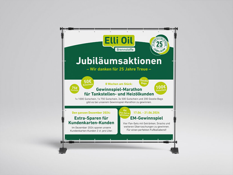 Gewinnspiel-Banner-Design im Rahmen einer von der Markenagentur übereck GmbH umgesetzten Jubiläumskampagne für das Unternehmen Elli Oil aus Peine.