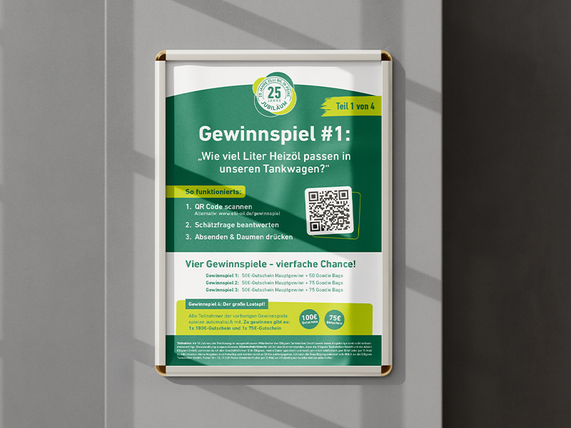 Gewinnspiel-Plakat-Design im Rahmen einer von der Markenagentur übereck GmbH umgesetzten Jubiläumskampagne für das Unternehmen Elli Oil aus Peine.