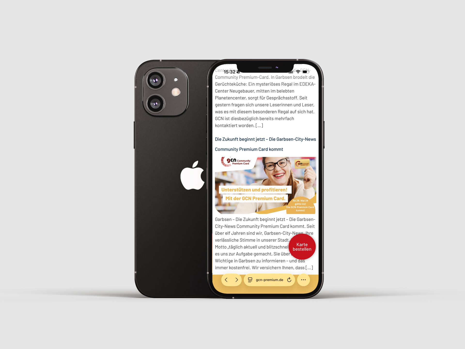 Weitere Smartphone-Visualisierung der Website der Garbsen City News Premiumcard – Webdesign & Website-Entwicklung von der Digitalagentur übereck GmbH.
