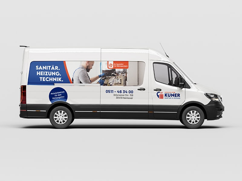 Fahrzeugflotten-Design für den Handwerksbetrieb Kuner Sanitär + Heizung, gestaltet von der Design-Agentur übereck GmbH aus Hannover.