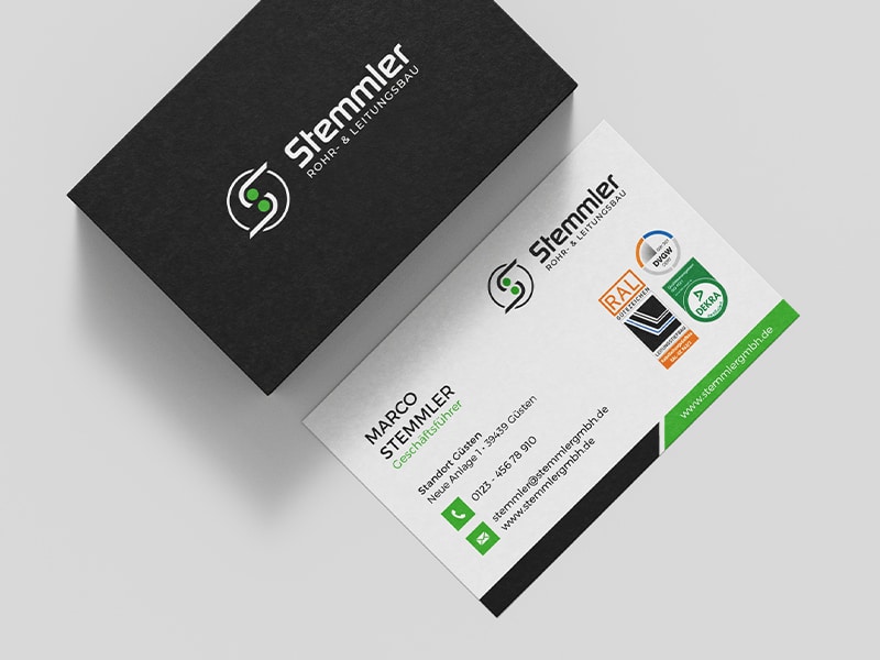 Redesign der Geschäftsausstattung und Visitenkarten für die Stemmler GmbH Rohr und Leitungsbau umgesetzt von der Designagentur übereck.